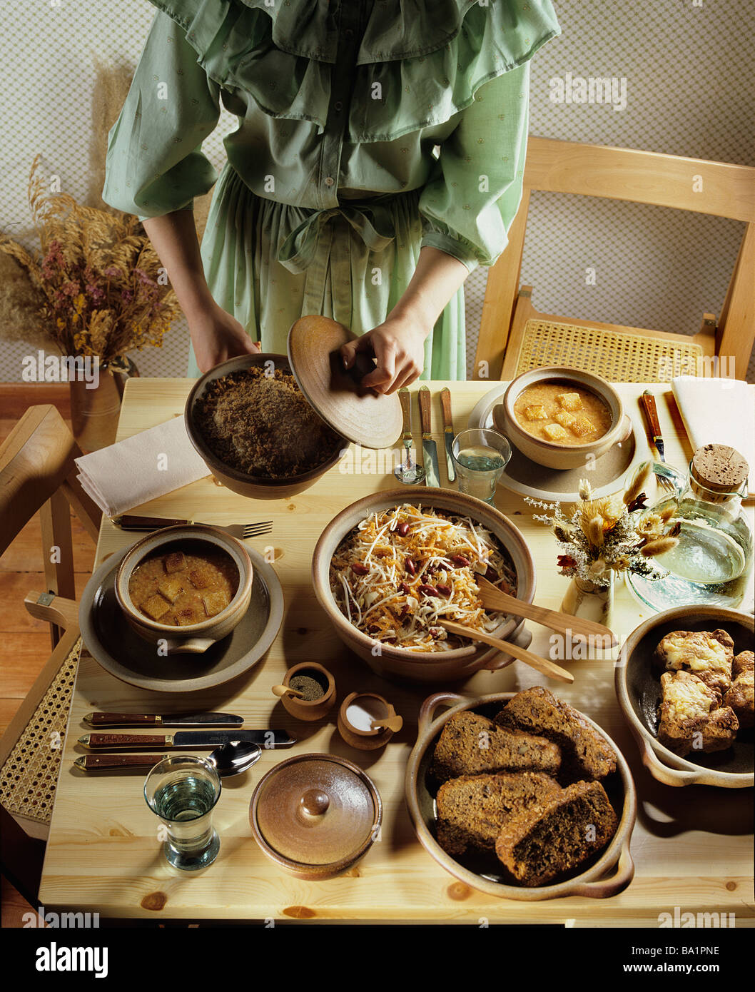 Whole food, rustic and earthenware style food serving Stock Photo