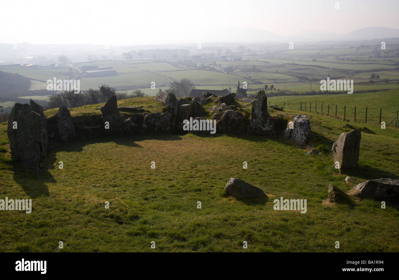 Ballymacdermot court tomb looking down over the plain of Meigh in south county armagh northern ireland Stock Photo