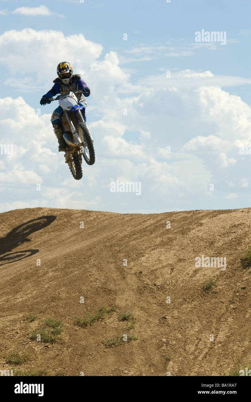 Motocross track in Colorado, Dirt Bikes, catching air, teenager Stock