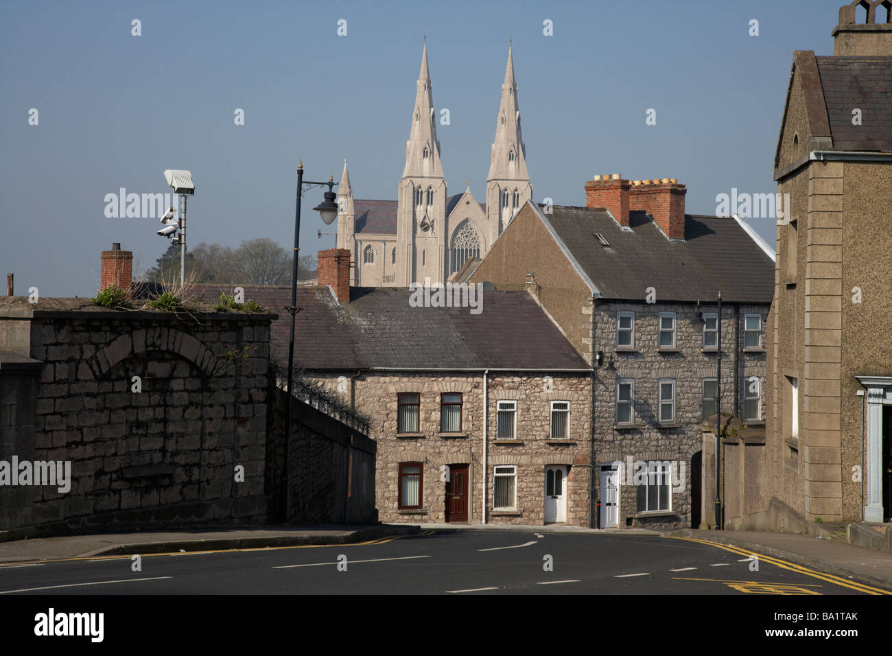 looking towards St Patricks Roman Catholic cathedral through streets Armagh City from St Patricks Protestant Church of Ireland Stock Photo