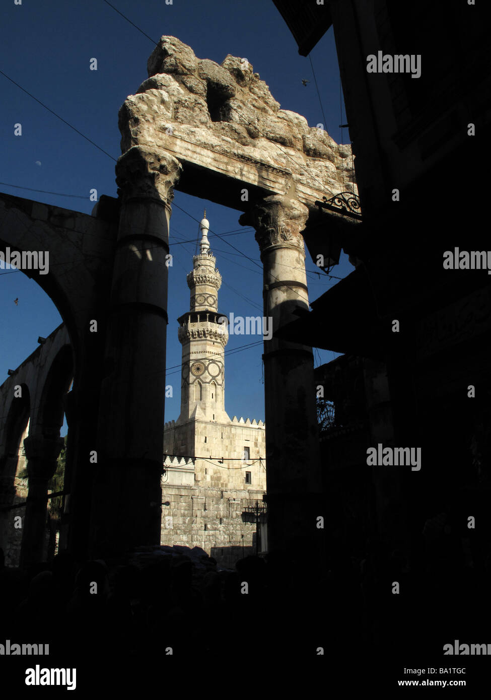 Great Umayyad or Omayyad Mosque minaret and Roman Temple of Jupiter Damascus SYRIA Stock Photo