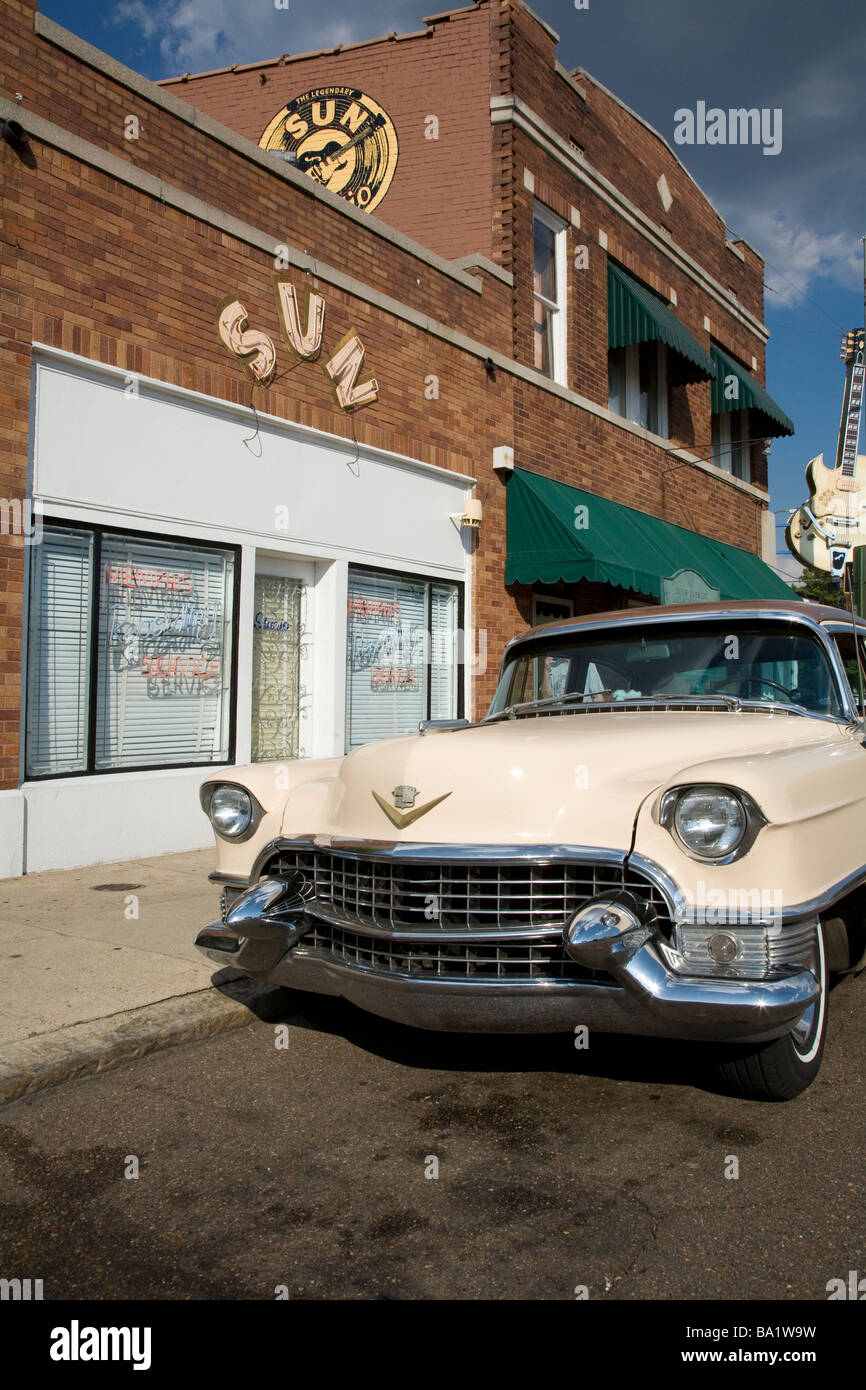 1955 Cadillac Coupe De Ville parked in front of Sun Recording Studios in Memphis, TN.  Recording studio of Elvis Presley and the Stock Photo
