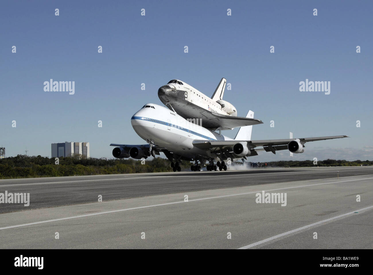 Space Shuttle Endeavour mounted on a modified Boeing 747 shuttle carrier aircraft. Stock Photo