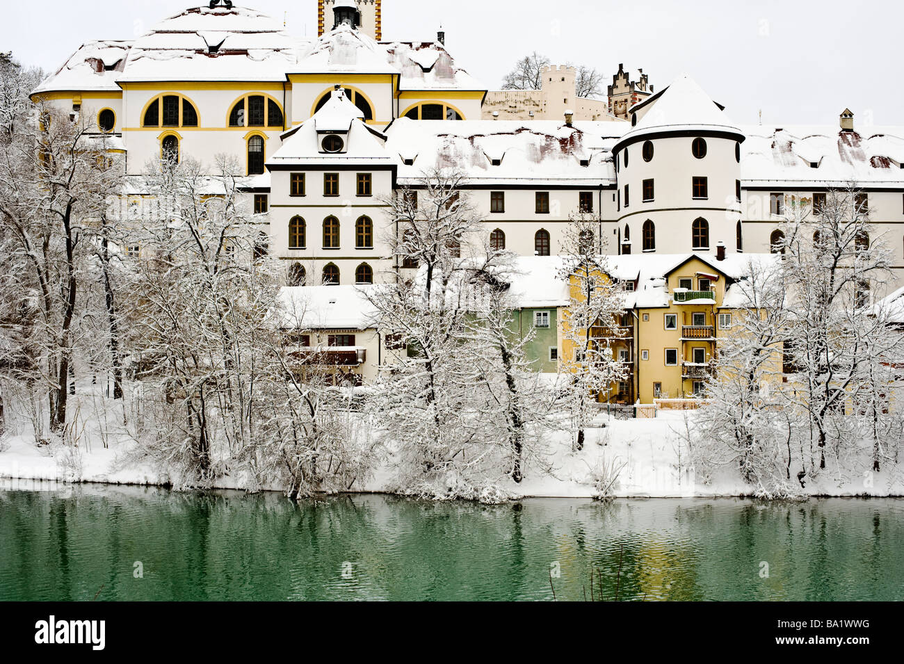 Fusson Germany, across the Lech river after a fresh snow storm Stock Photo