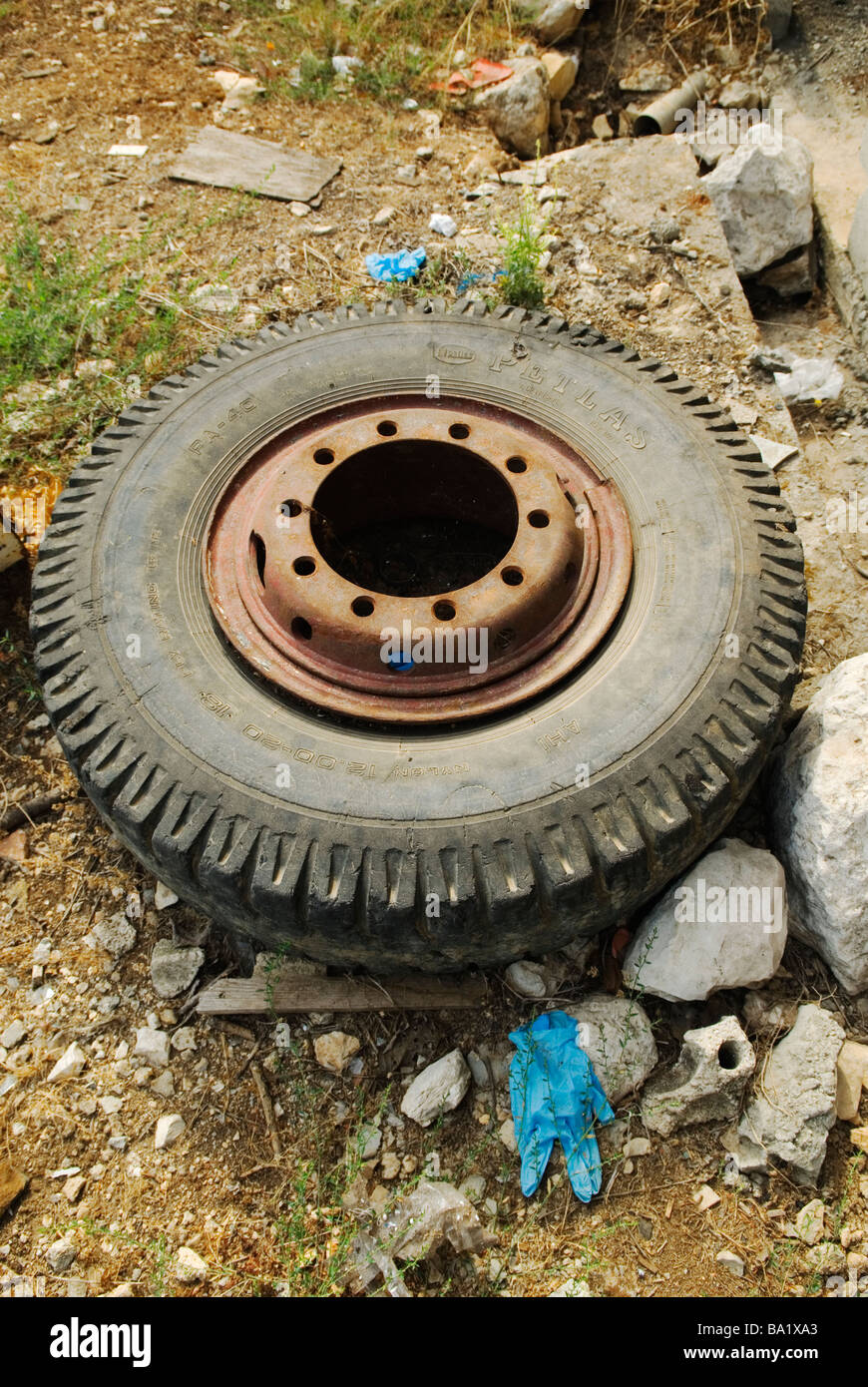 Discarded truck rubber tire Stock Photo