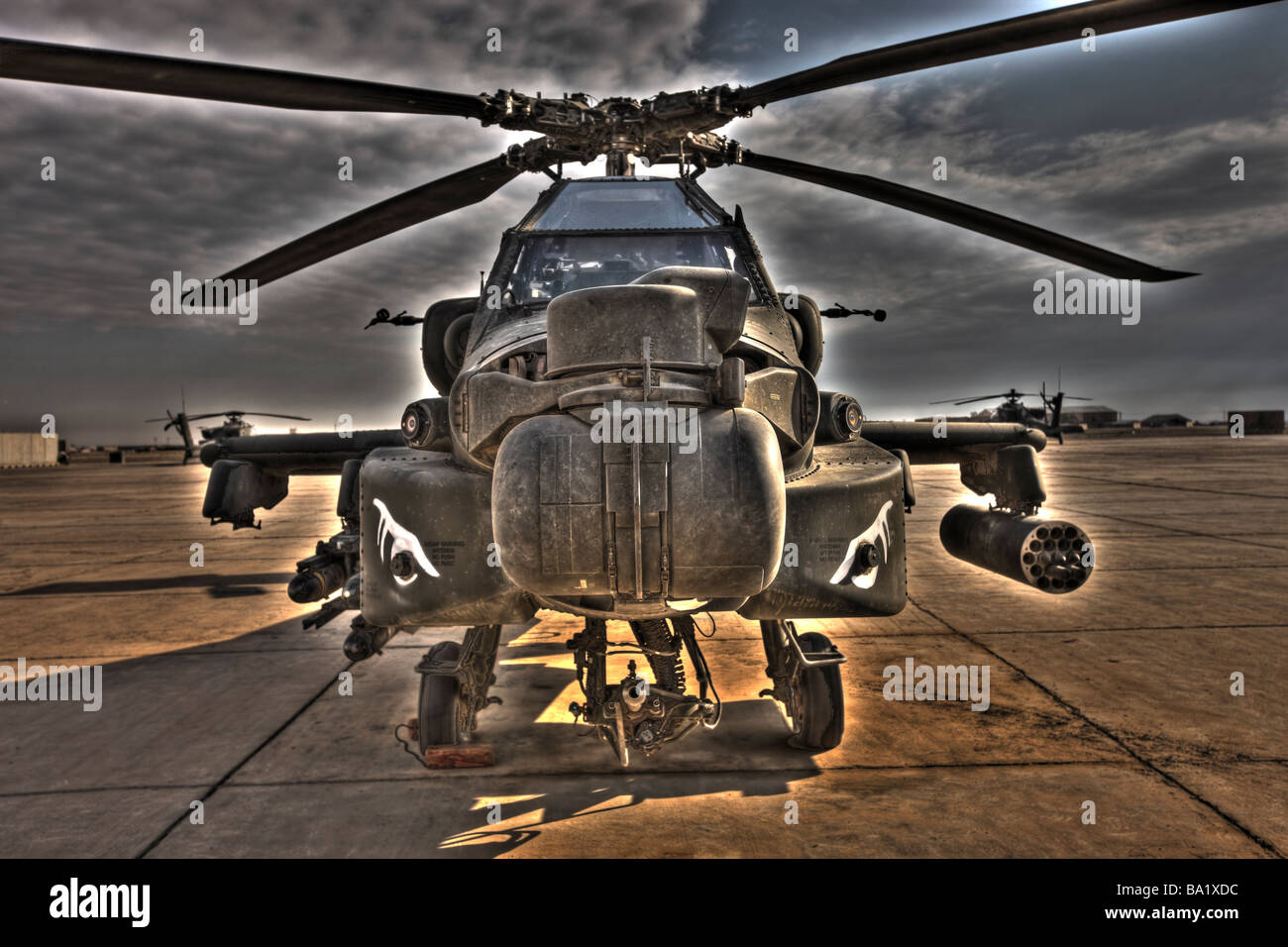 Tikrit, Iraq - A seven exposure HDR image of an AH-64D Apache helicopter as it sits on its pad. Stock Photo