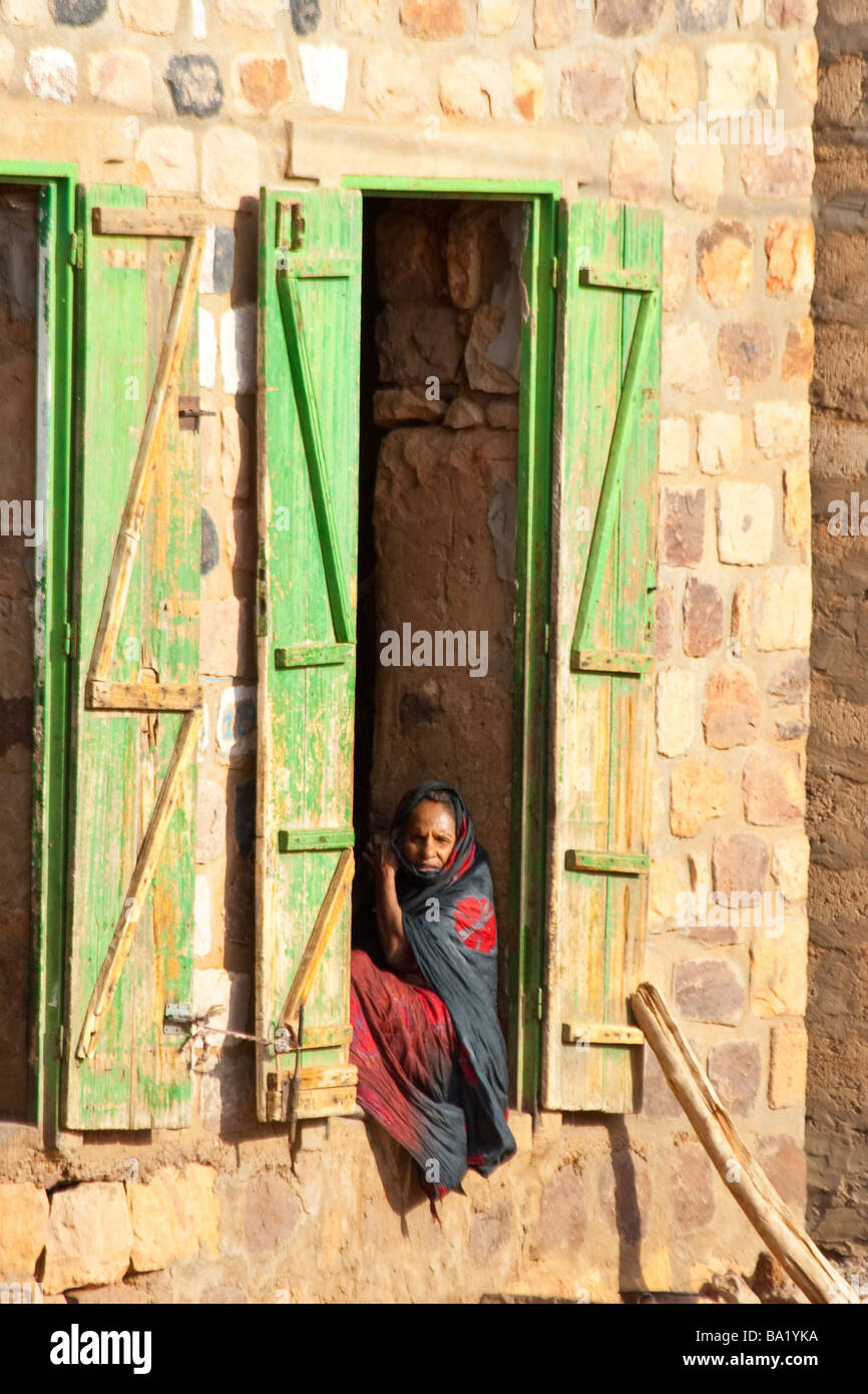 Muslim Woman in a Doorway in Ayoun el Atrous in Mauritania West Africa Stock Photo