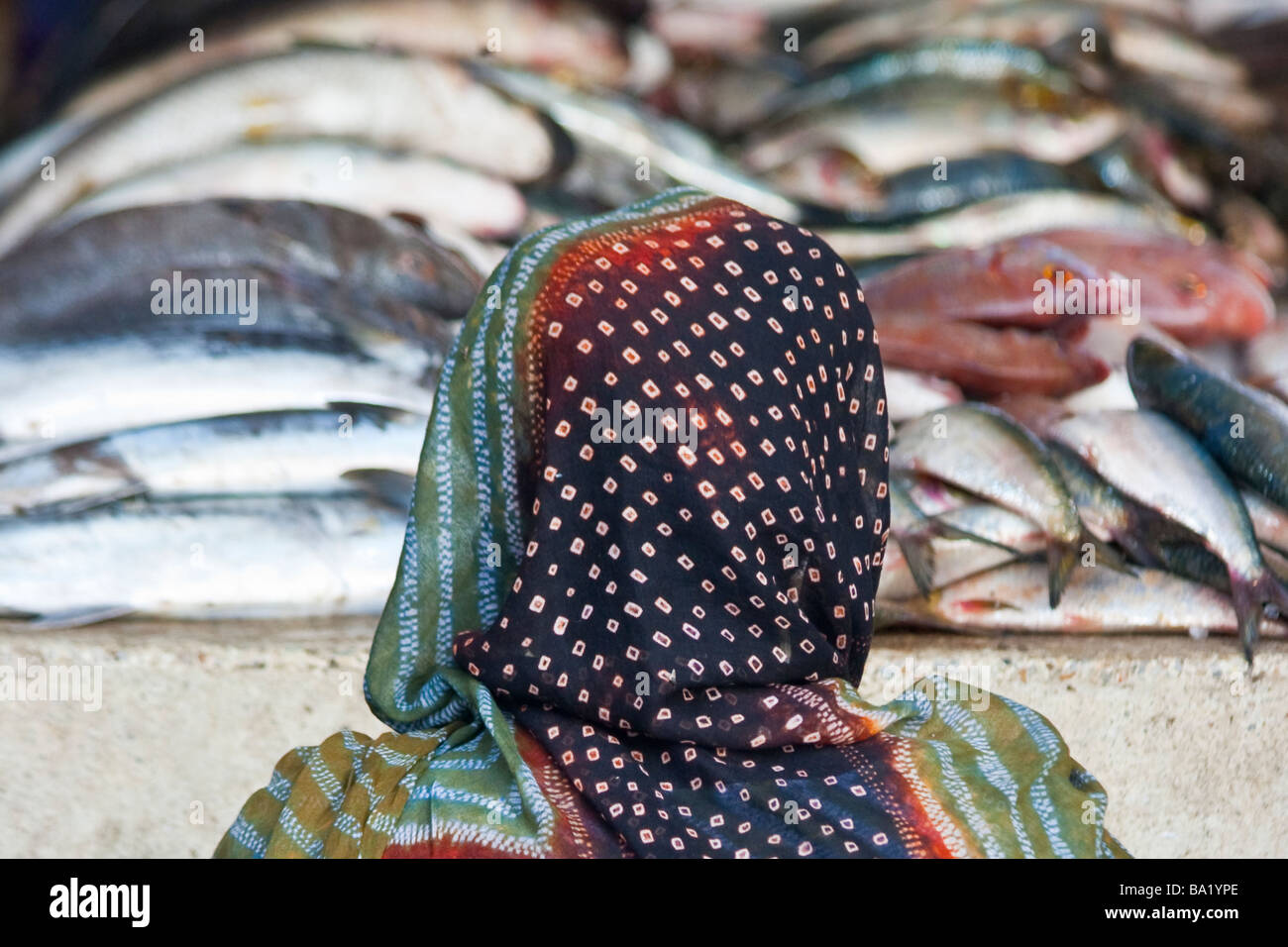 Muslim Woman in front of Fish at the Port de Peche in Nouakchott Mauritania Stock Photo
