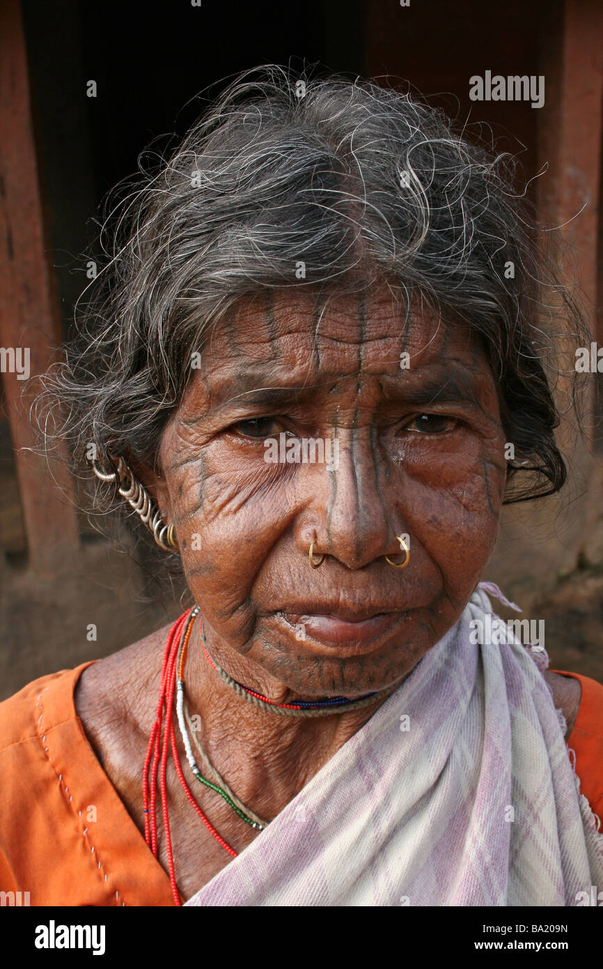 Portrait of Elderly Woman Of The Kutia Kondh Tribe With Facial Tattoos, Orissa, India Stock Photo