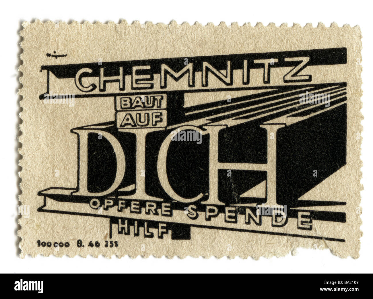 advertising, stamps, Chemnitz baut auf dich (Chemnitz trust in you), Germany, 20th century, historic, historical, trade, collecting stamp, clipping, advertisment, building industry, steel beam, Stock Photo