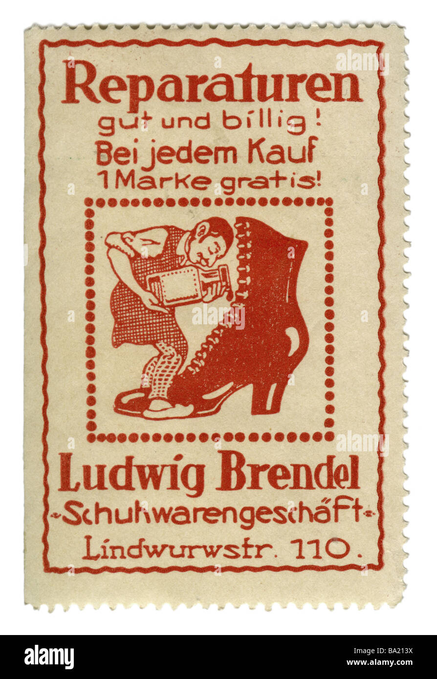 advertising, stamps, shoe shop Ludwig Brendel, Munich, Germany, circa 1910, historic, historical, trade, collecting stamp, clipping, advertisment, Lindwurmstrasse 110, reparation, repair, shoemaker, service, half-boot, 20th century, people, 1910s, Stock Photo