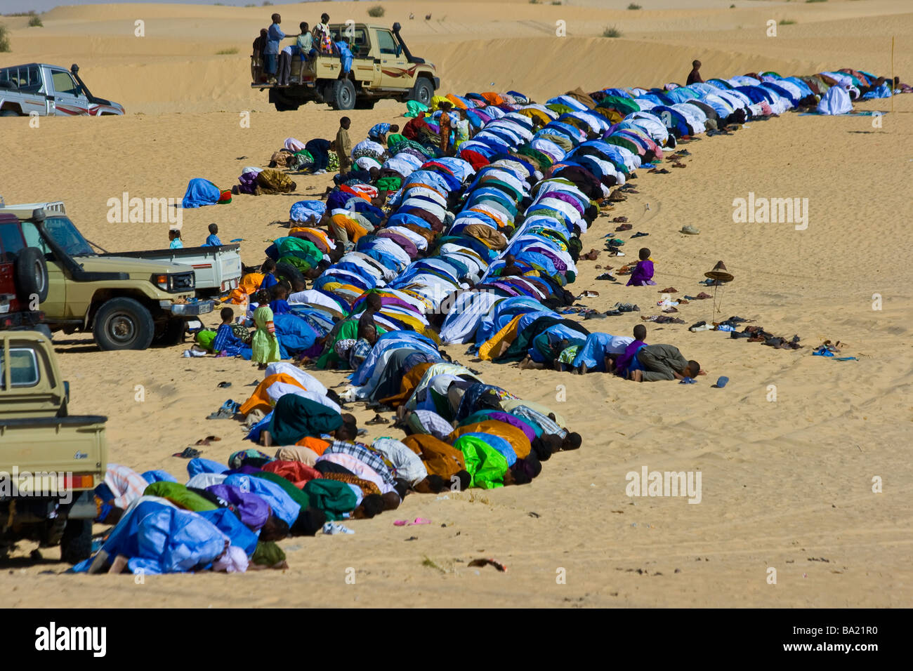 Muslim Prayer in the Desert during Tabaski in Timbuktu Mali Stock Photo