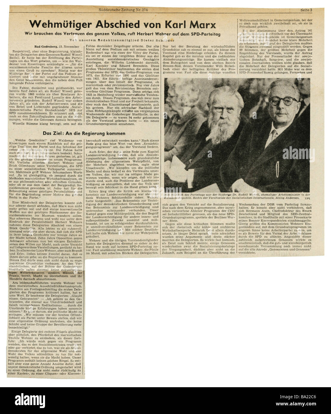 press/media, magazines, 'Süddeutsche Zeitung', Munich, 15 volume, number 274, Monday 16.11.1959, article, SPD party rally abandoning Marxism, Stock Photo
