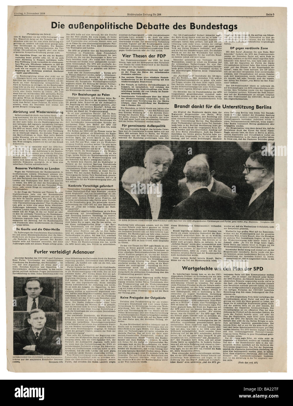 press/media, magazines, 'Süddeutsche Zeitung', Munich, 15 volume, number 266, Friday 6.11.1959, article, debate at Bundestag on foreign policy, Stock Photo