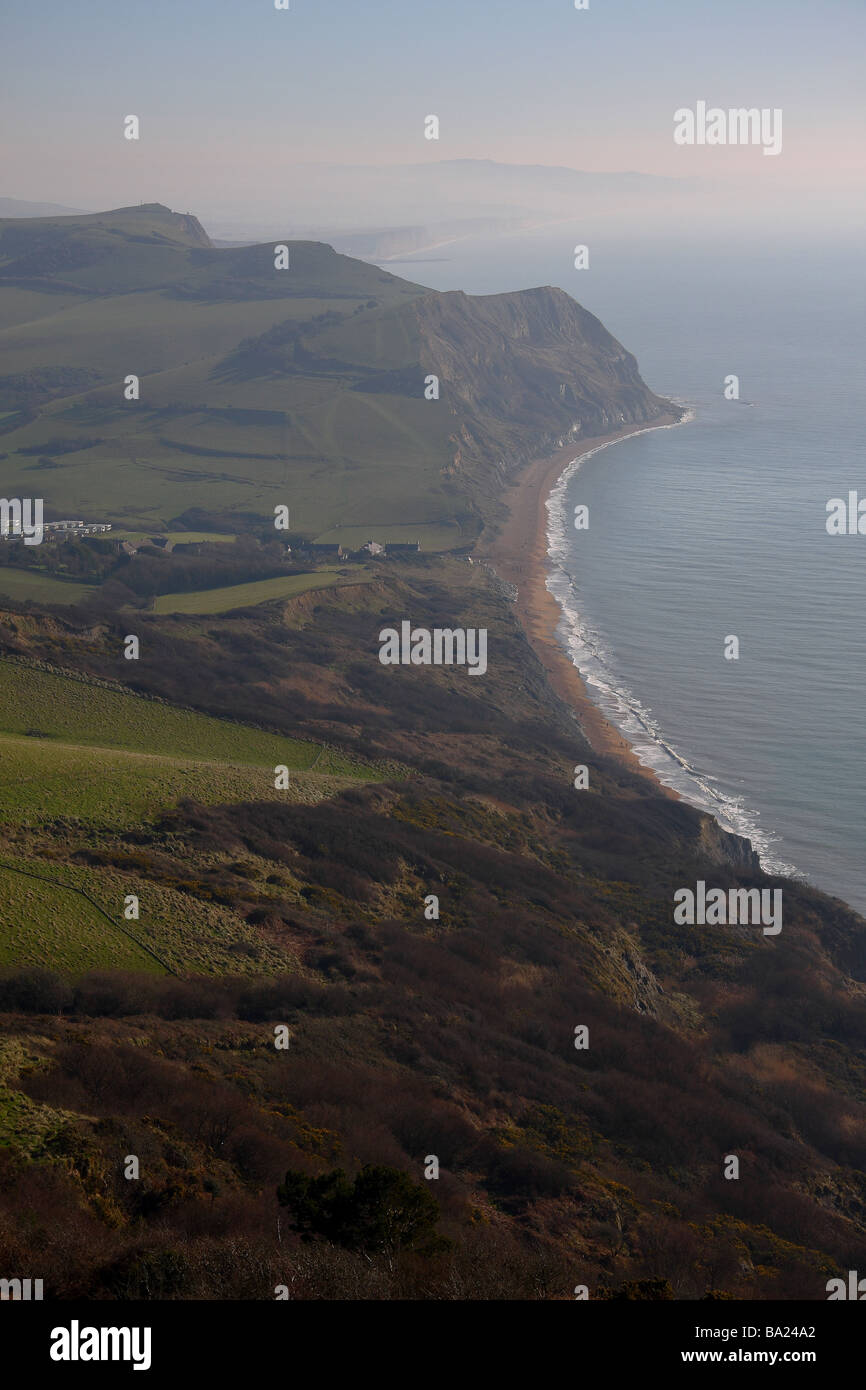 A view of the Dorset coastline on a misty day looking east from Golden ...