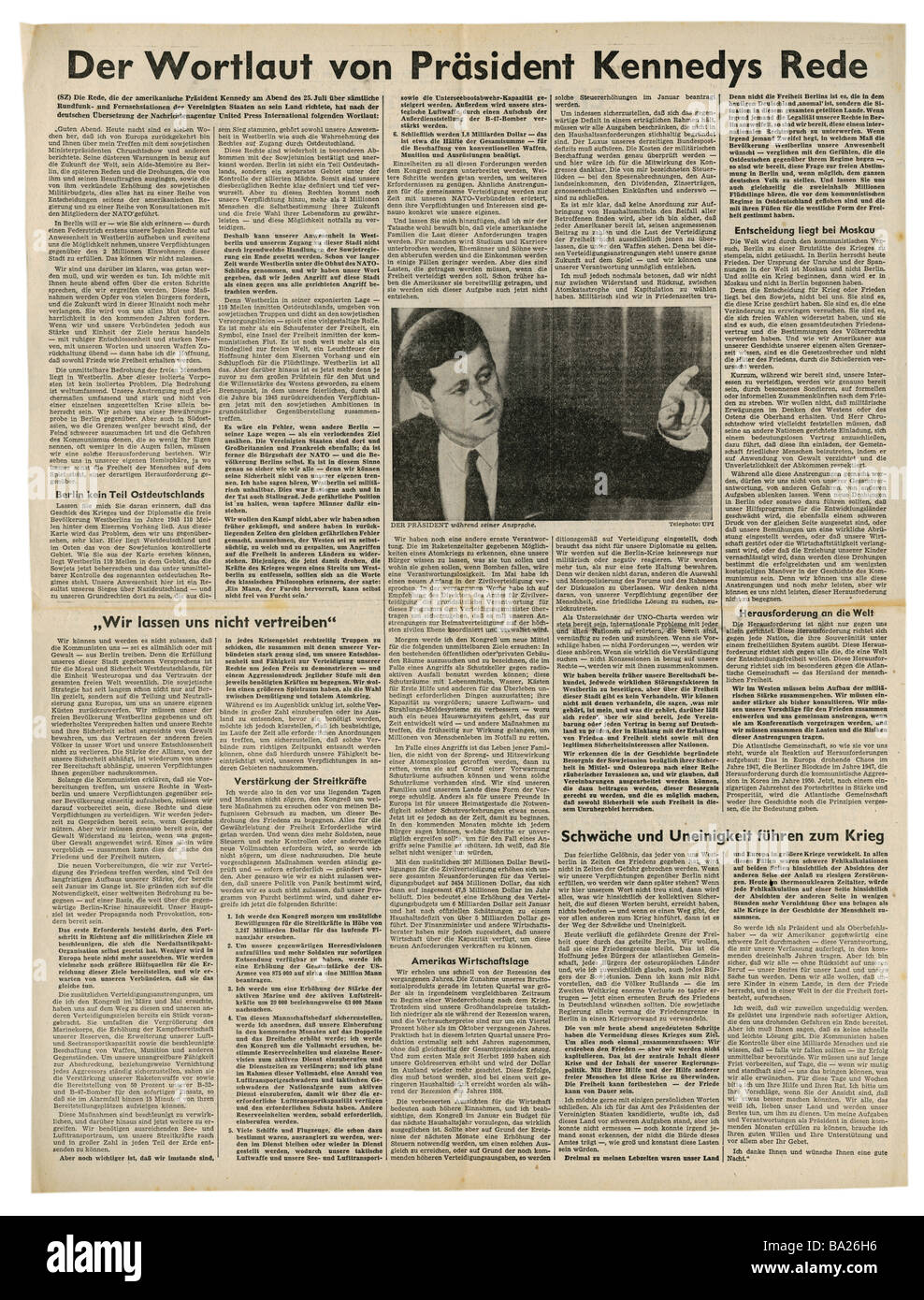 press/media, magazines, 'Süddeutsche Zeitung', Munich, 17 volume, number 178, Thursday 27.7.1961, article, Kennedy speech, Stock Photo