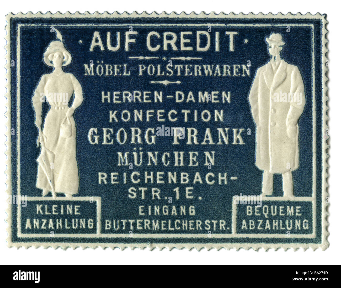 advertising, stamps, furniture and upholsteries, Georg Frank, Munich, Germany, circa 1910, historic, historical, trade, collecting stamp, clipping, advertisment, 20th century, 1910s, Reichenbachstrasse 1, clothes, ready-made, clothing, people, Stock Photo