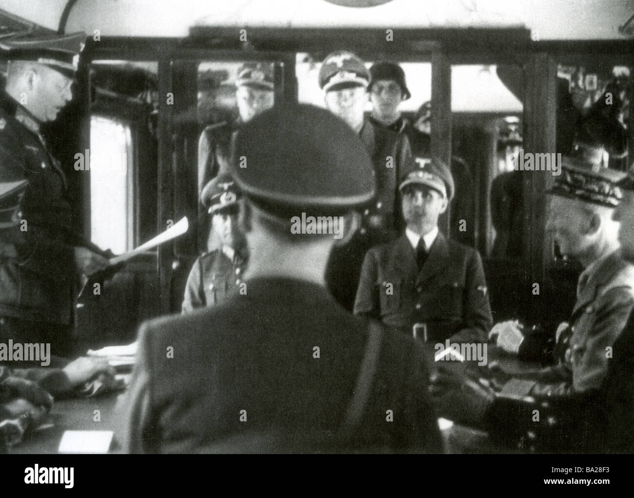 FRENCH SURRENDER to German officers in 1939 in the railway carriage used in 1918 to sign the German surrender Stock Photo