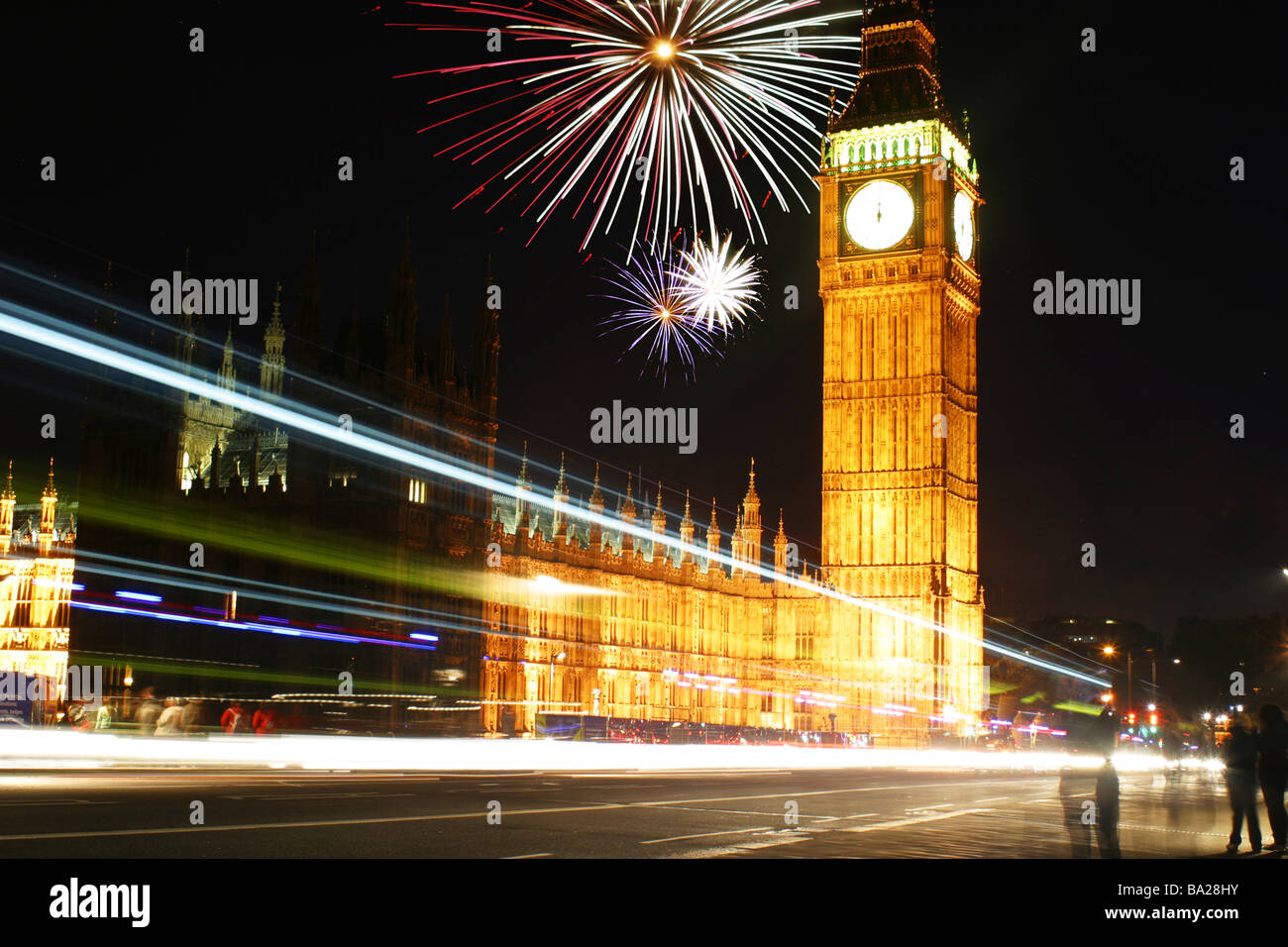 Fireworks New Year's eve Big Ben clock tower at night over tower bridge, London, England Stock Photo