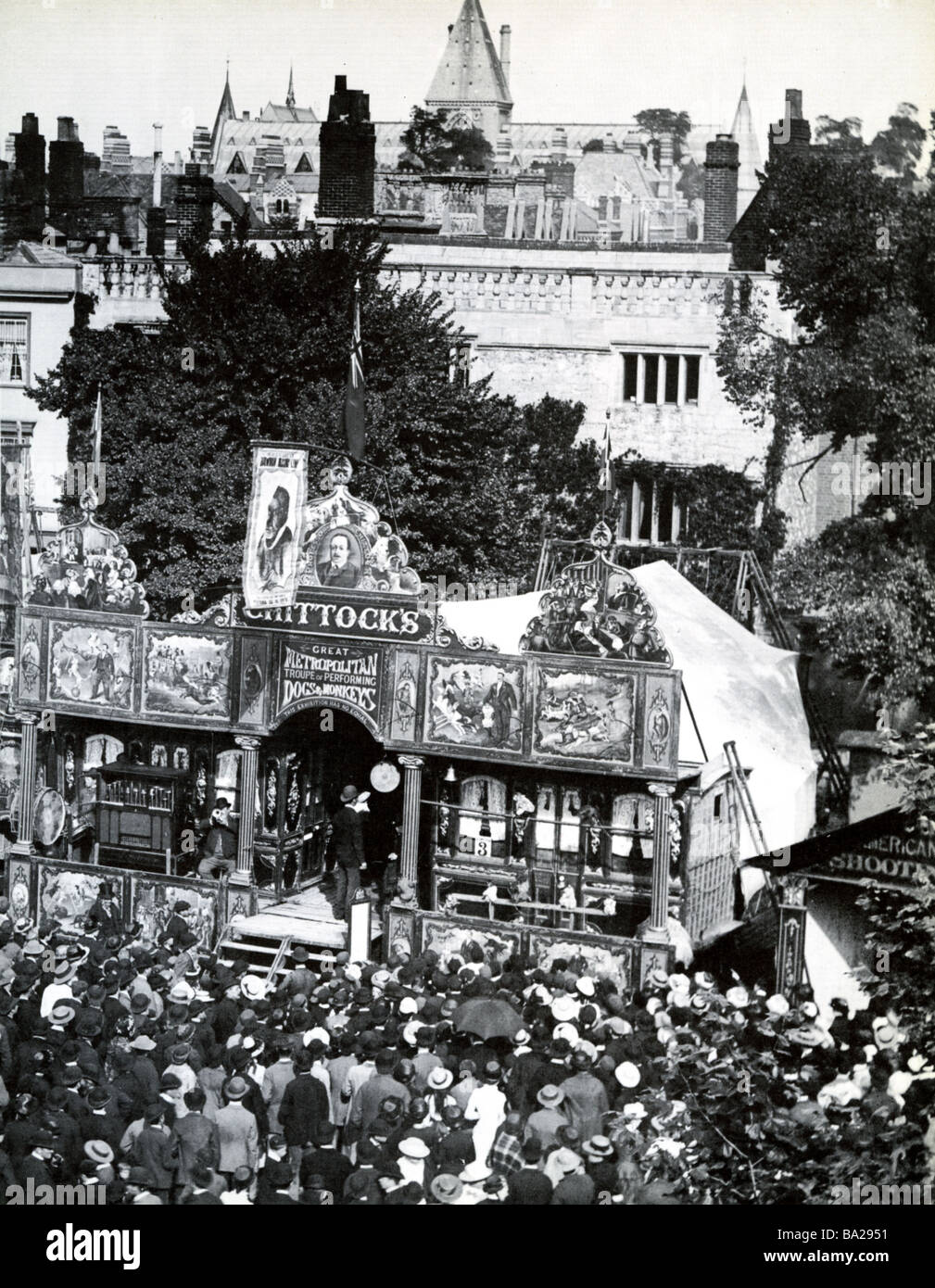 SUMMER FAIR IN OXFORD, ENGLAND. A late 19th century photo shows the Natural History Museum in the background Stock Photo