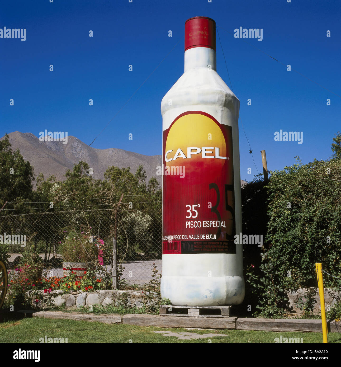 Chile Valle Del Rio Elqui Vicuña garden advertisement Destillerie 'Capel' bottle outsize South America small north Elqui-Tal Stock Photo