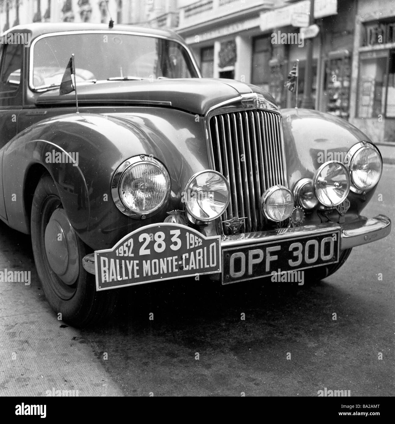 1952, historical, Monaco, front of a car, a Sunbeam Talbot, parked in a Monte Carlo side street taking part in the Rallye Monte-Carlo. Stock Photo