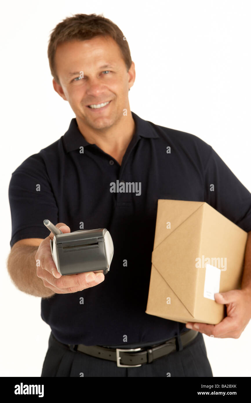 Courier Holding A Parcel And Electronic Clipboard Stock Photo