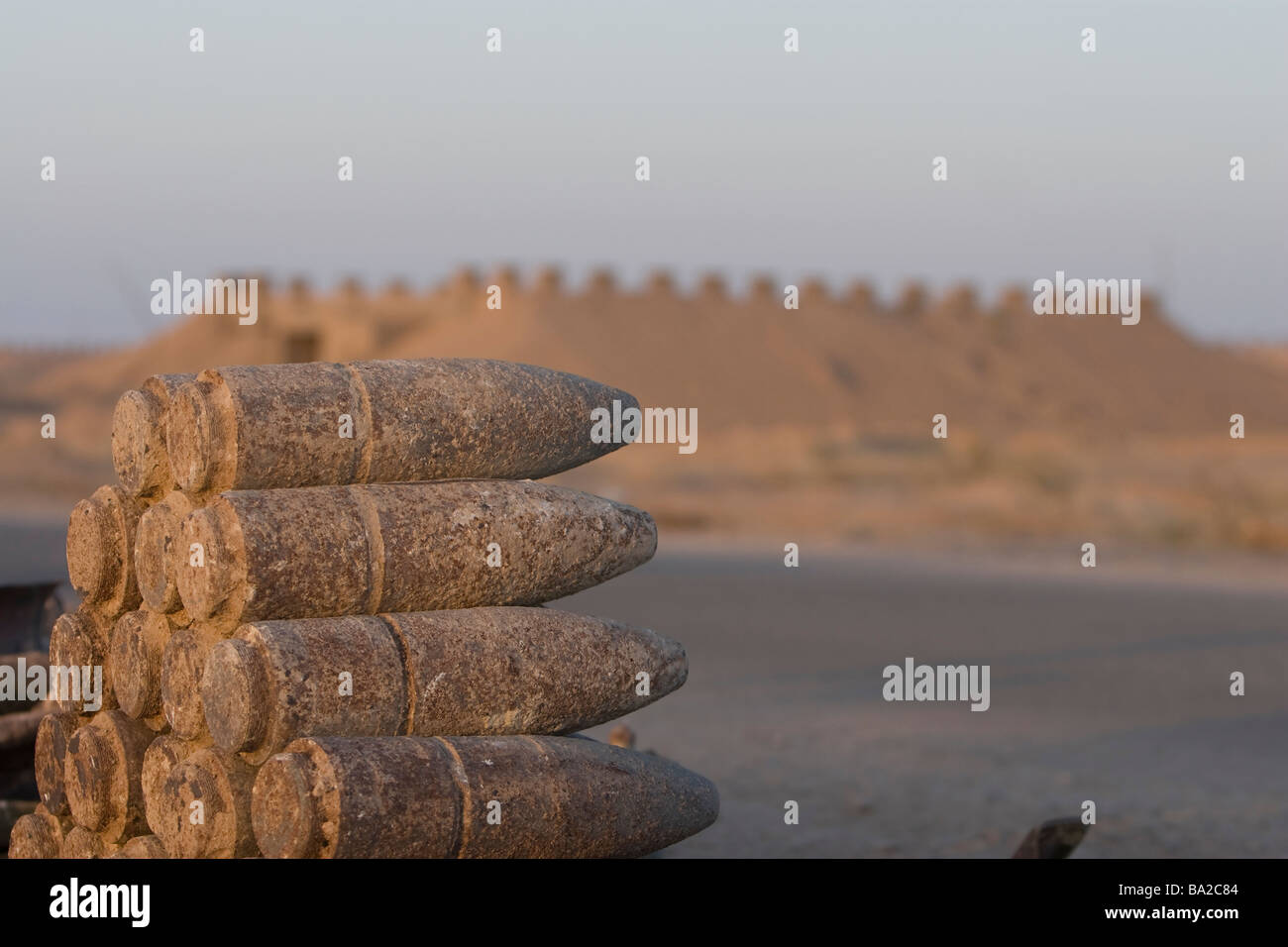 Inert artillery shells are stacked up for collection. Stock Photo