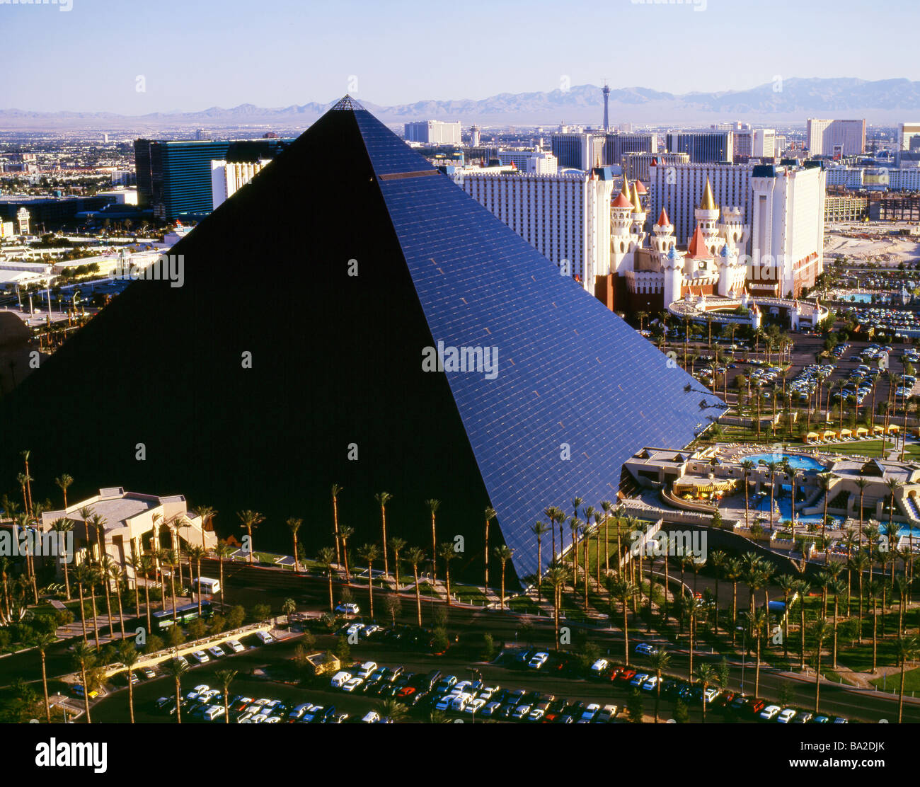Luxor and Excalibur casino aerial Las Vegas USA Stock Photo