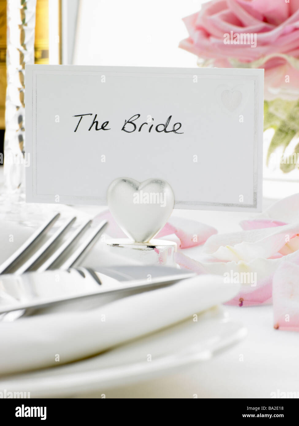 Place Settings For Bride And Groom At Reception Stock Photo