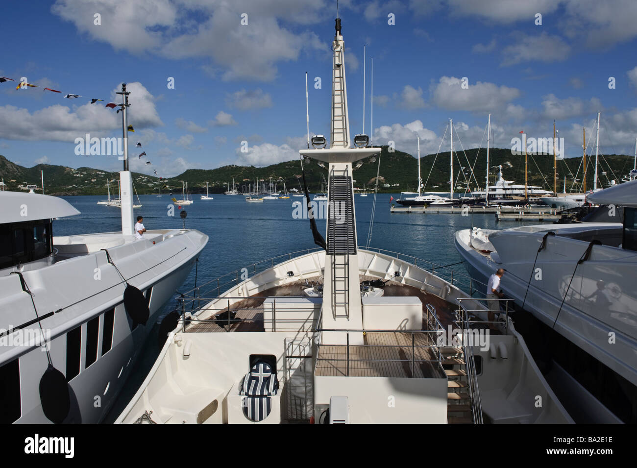 The foredeck of Big Aron on the dock at Antigua Yacht Club Marina between Amnesia and Xanadu both 60 metre Benetti's Stock Photo