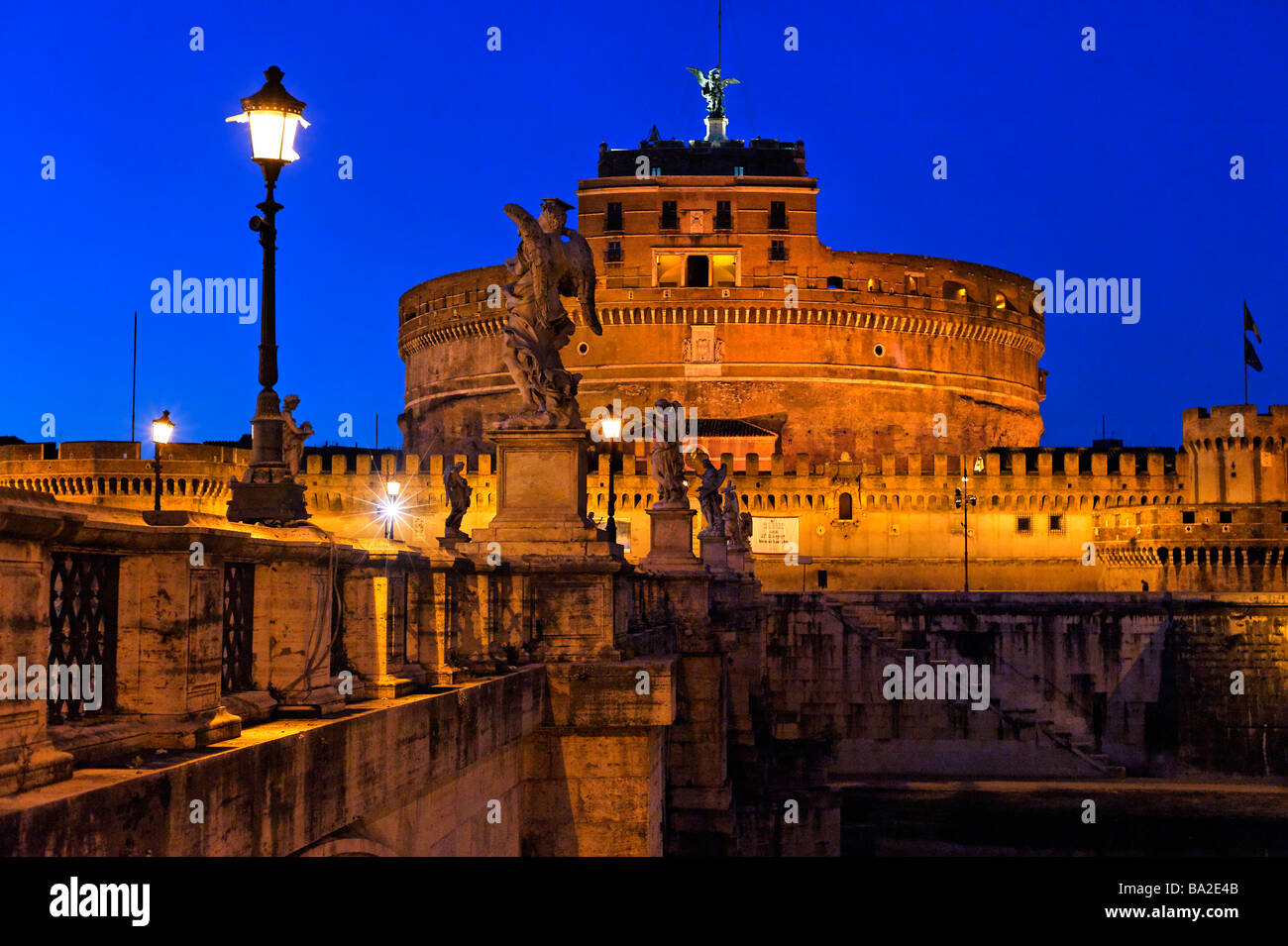 Castel Sant' Angelo from Ponte Sant' Angelo Rome at night Stock Photo