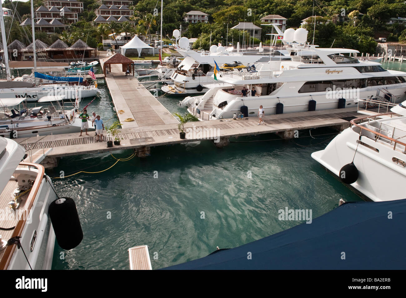 Stern view of the dock from Big Aron departing from Antigua Yacht Club marina Stock Photo