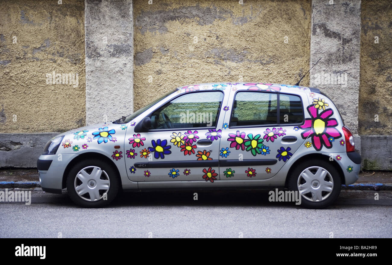 Car flower-patterns side-opinion vehicle private car special-varnishing ornamentation design Car-Design Renault silvery Stock Photo