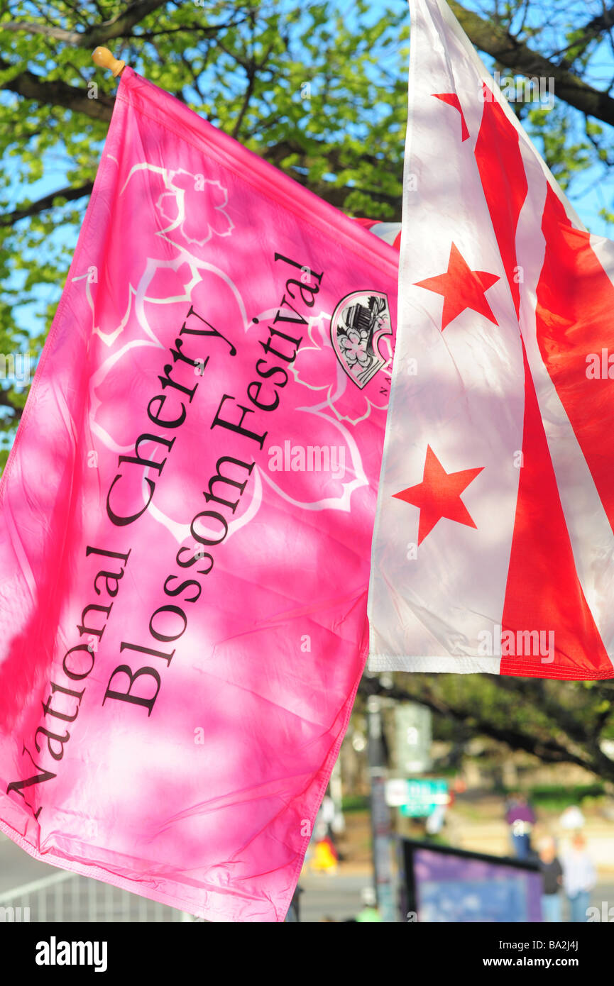 Washington DC The National Cherry Blossom festival and parade on Constitution Avenue flags Stock Photo