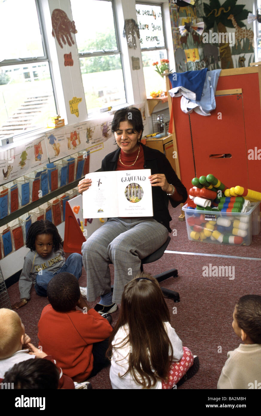 Nursery school teacher reading a story book to the class Stock Photo