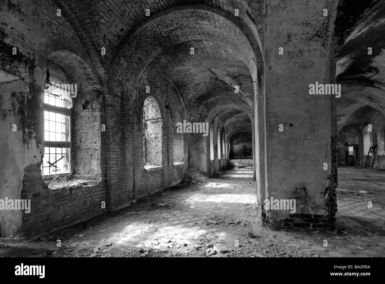 Prayer hall of destroyed during Soviet period Russian country church Vladimir city region Russia Black and White version Stock Photo