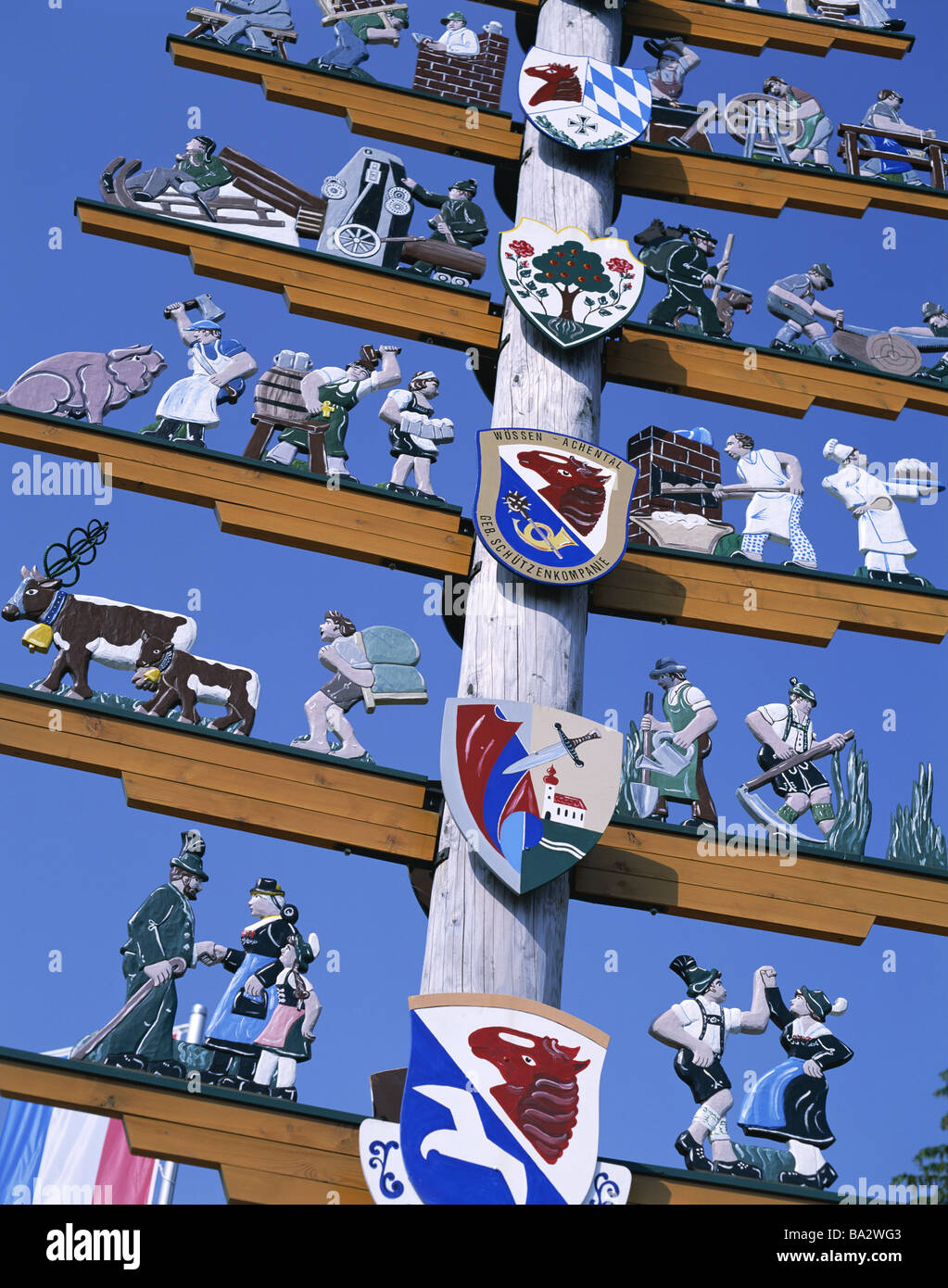 Maypole with guild sign and bavarian coat of arms hi-res stock ...