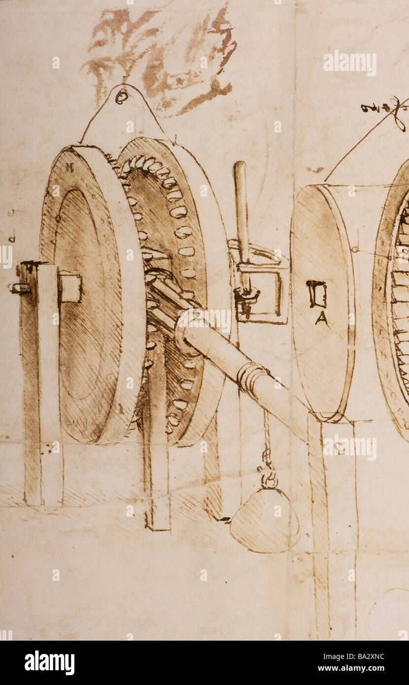 Detail of Toothed Gears and Hygrometer by Leonardo da Vinci 1485 pen and ink Stock Photo