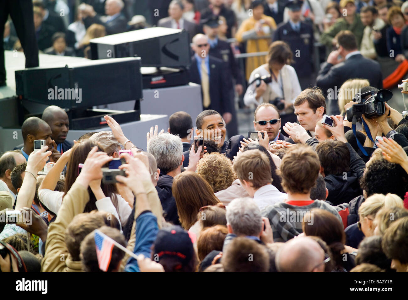 U S President Barack Obama shakes hands with supporters after his speech on Hradcany Square in Prague Czech Republic Stock Photo