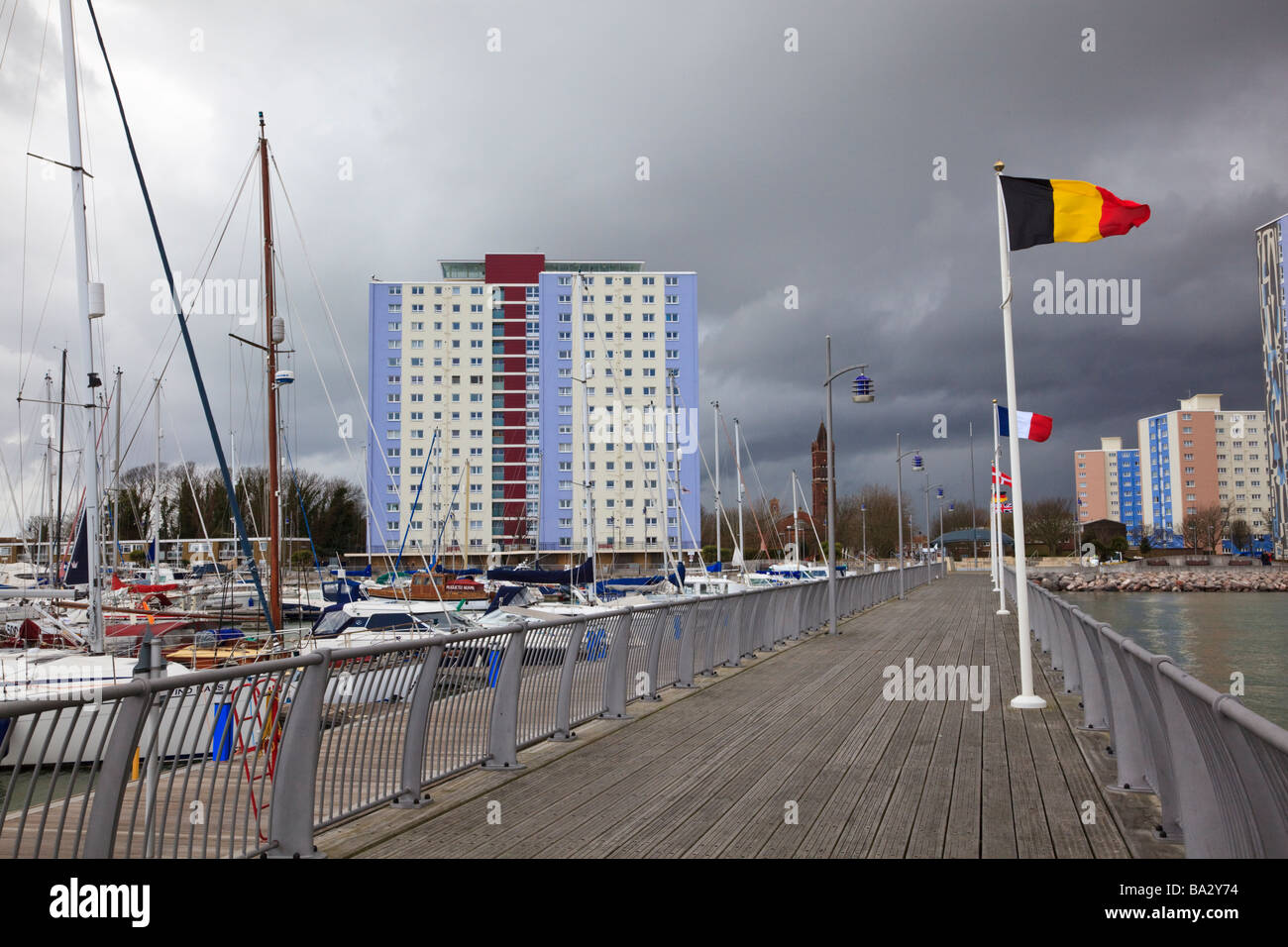 View along Gosport pier towards the High Rise Housing with dramatic