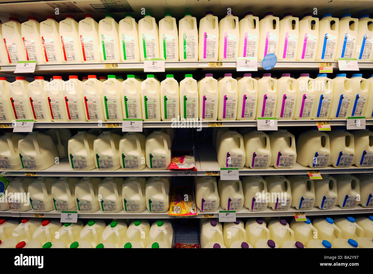 Display of milk bottles in grocery store Stock Photo Alamy