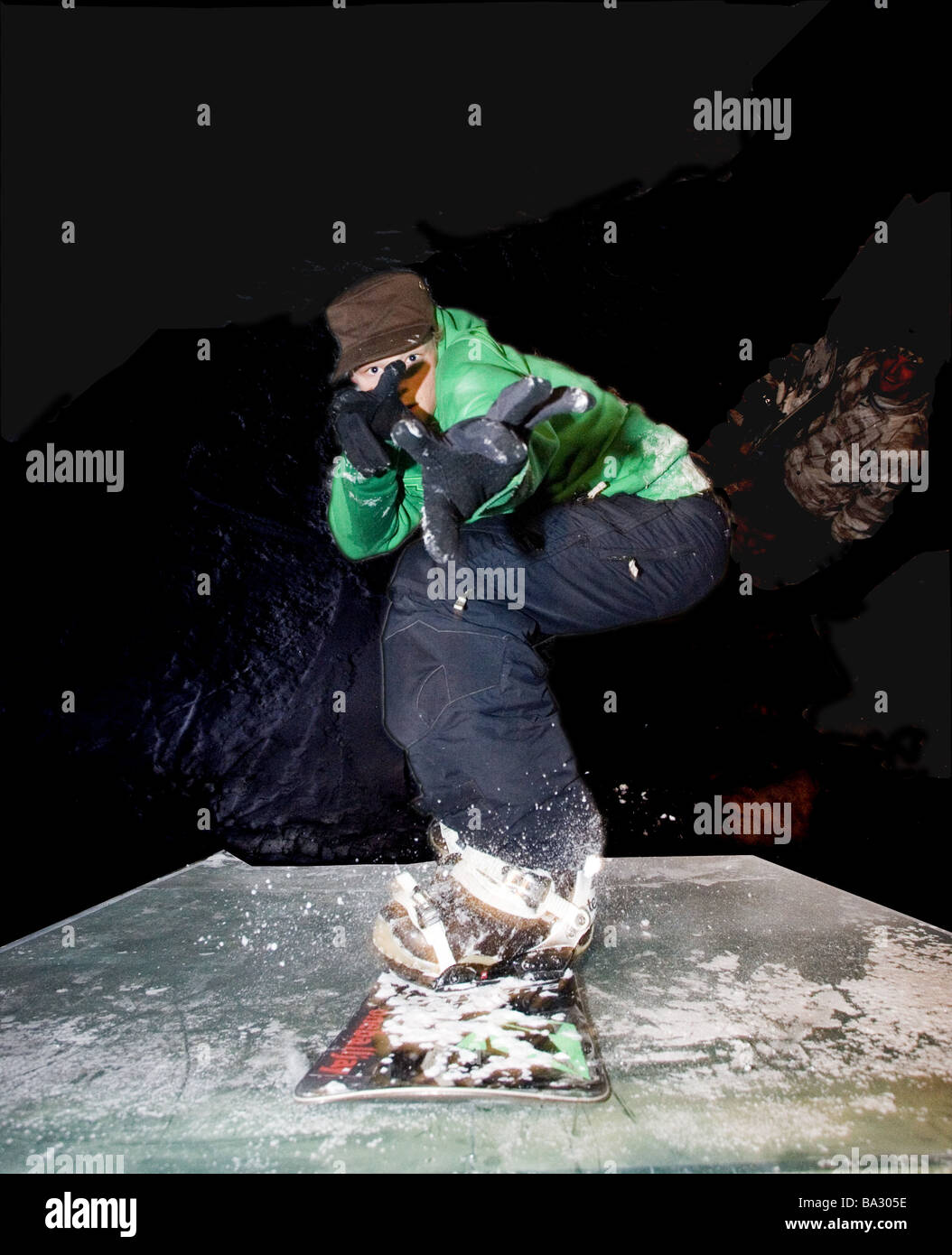 Snowboarder heed Moritz Liebig Profisnowboarder personality-rights Funpark pose evening man young Snowboard Snowboarden Action Stock Photo