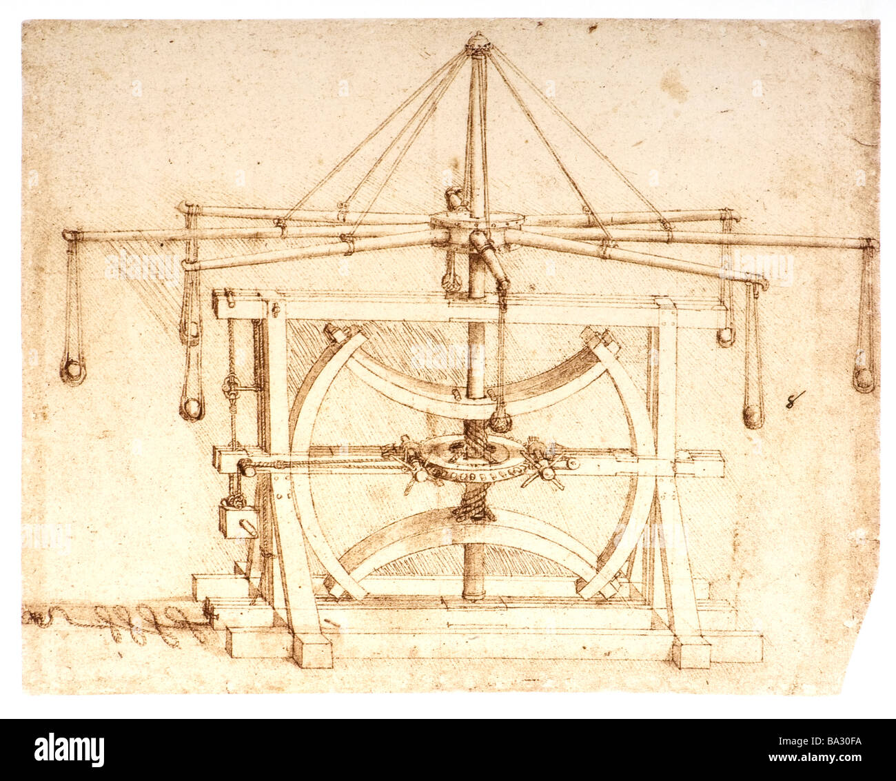 Military Machine to Catapult Stones by Leonardo da Vinci 1485 pen and ink Stock Photo