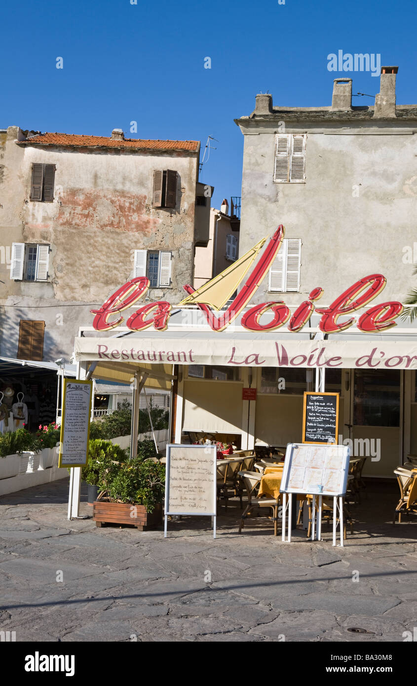 Harbourside restaurants St Florent Corsica France Stock Photo
