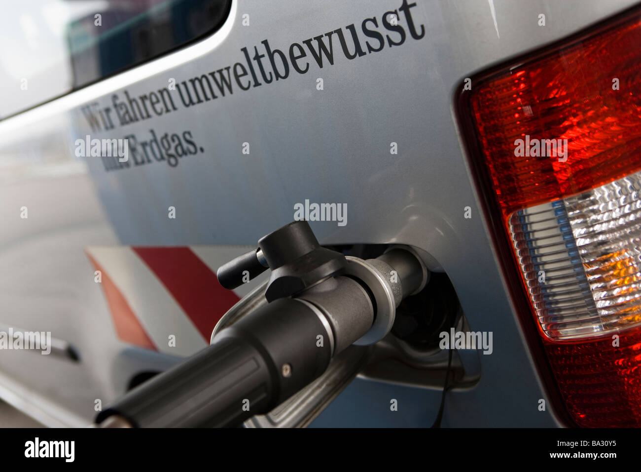 Close up of natural gas car during filling with gas Bavaria Germany November 2008 Stock Photo