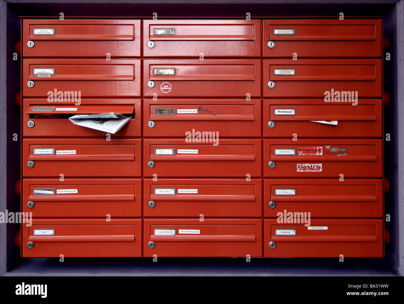 Increase-family-house detail mailbox-installation red residence tenement mailboxes mailboxes mailbox-installation several mail Stock Photo