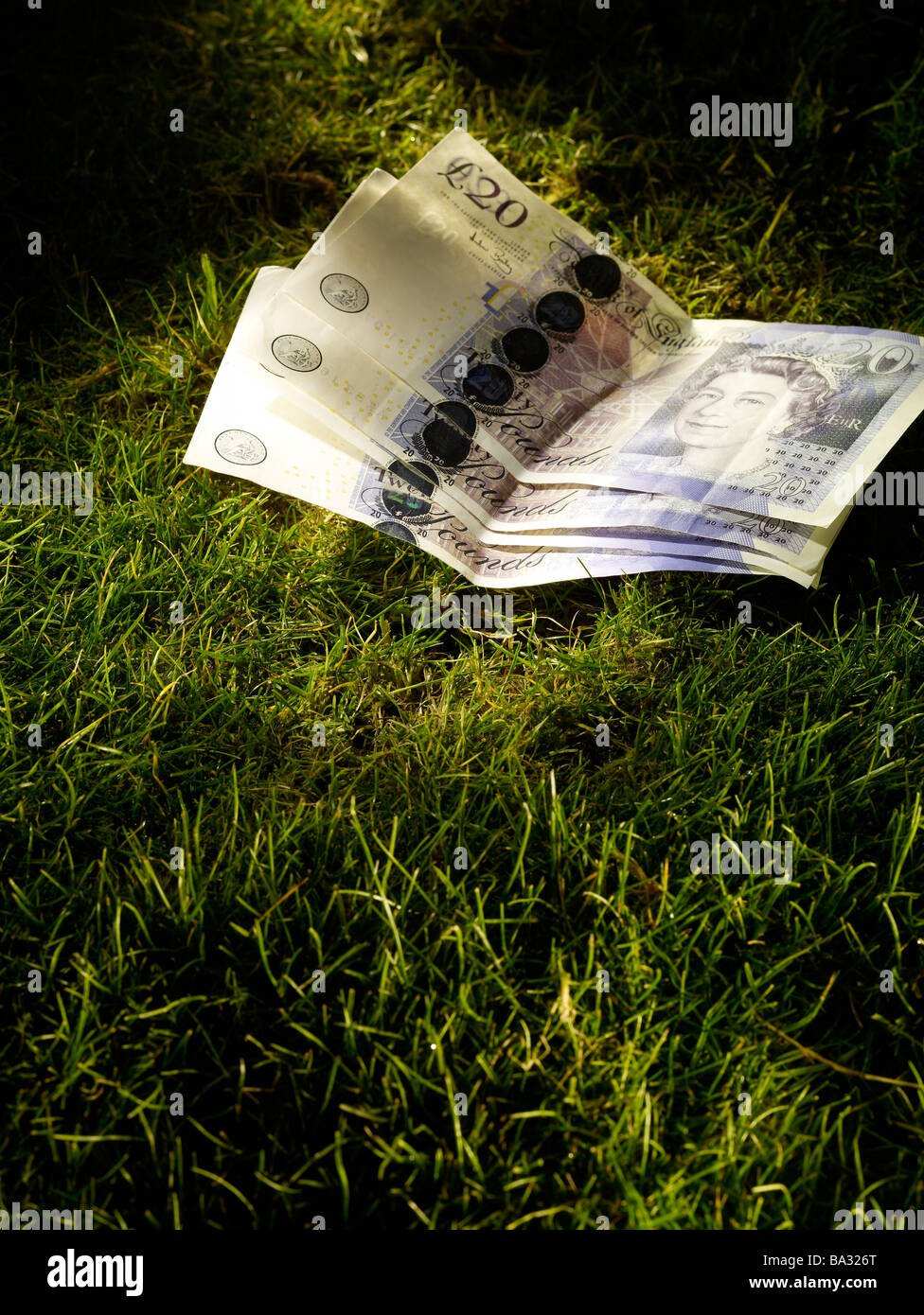 twenty pound notes on grass Stock Photo