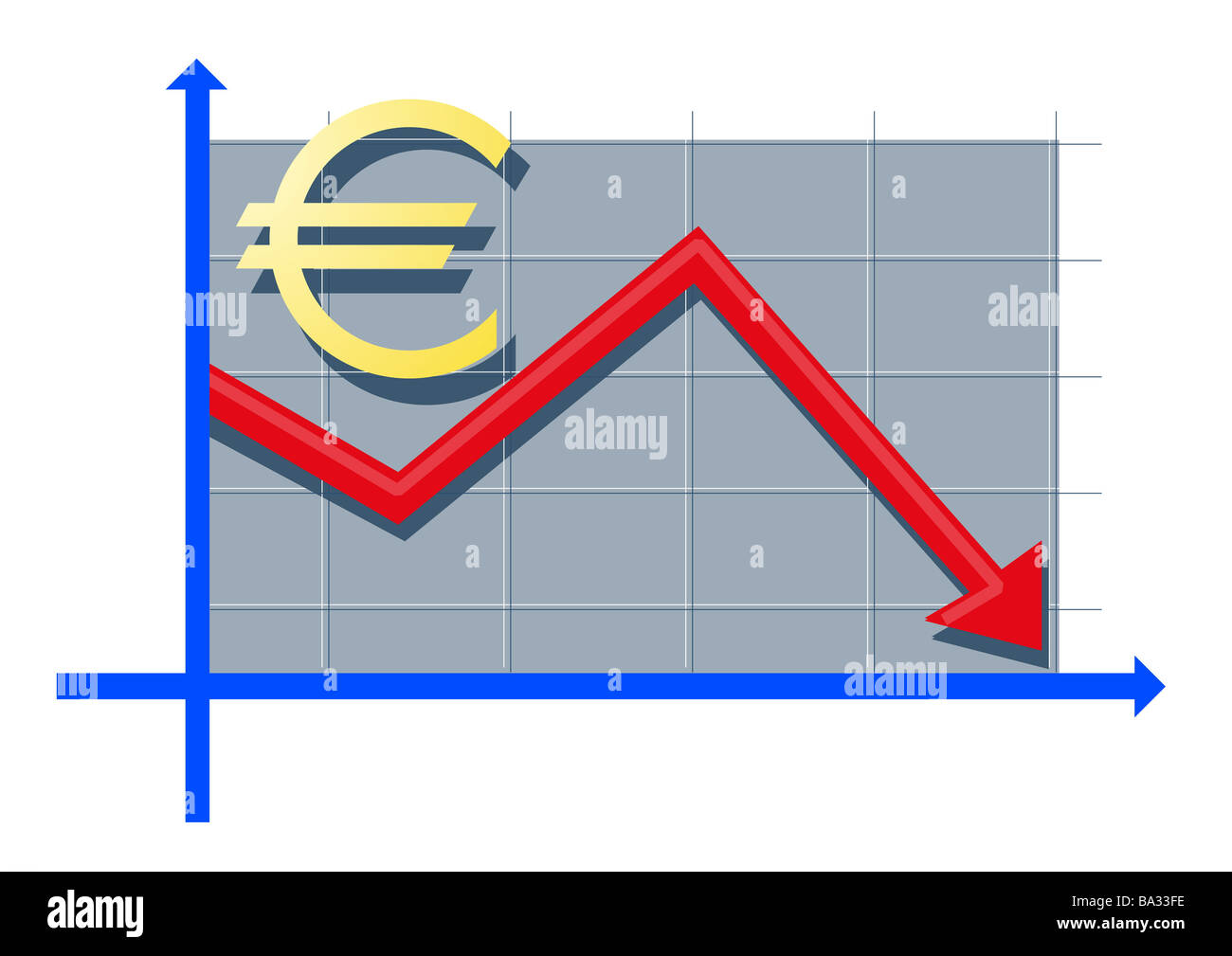 Felling illustration Euro-signs balance-curve red series shares share prices course-development course Chart Aktienchart stock Stock Photo