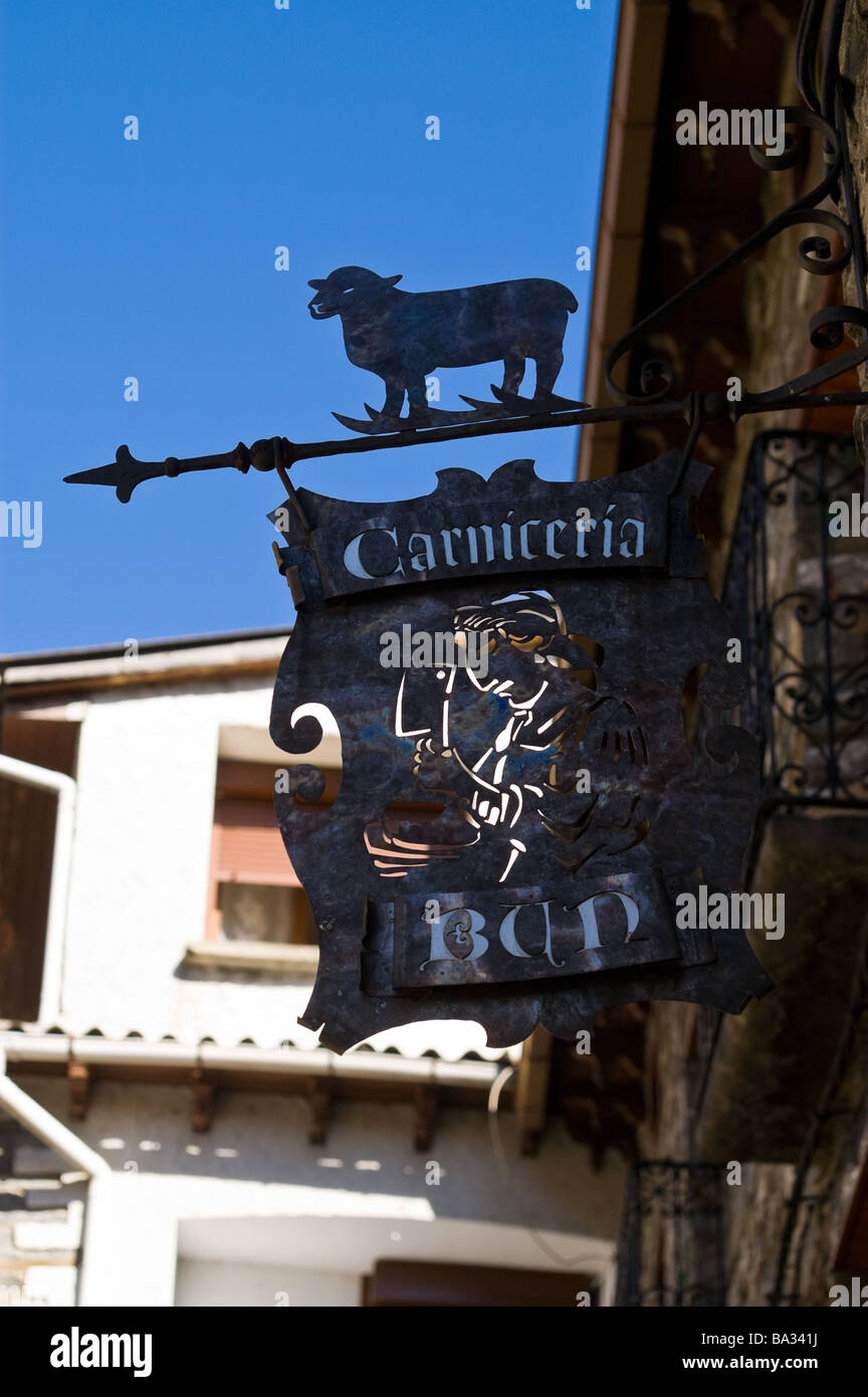 Carnicería (butcher shop) sign in Torla village in Aragon, Spain Stock Photo